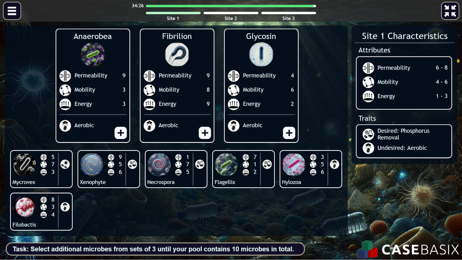 McKinsey Sea Wolf Game interface showing microbe